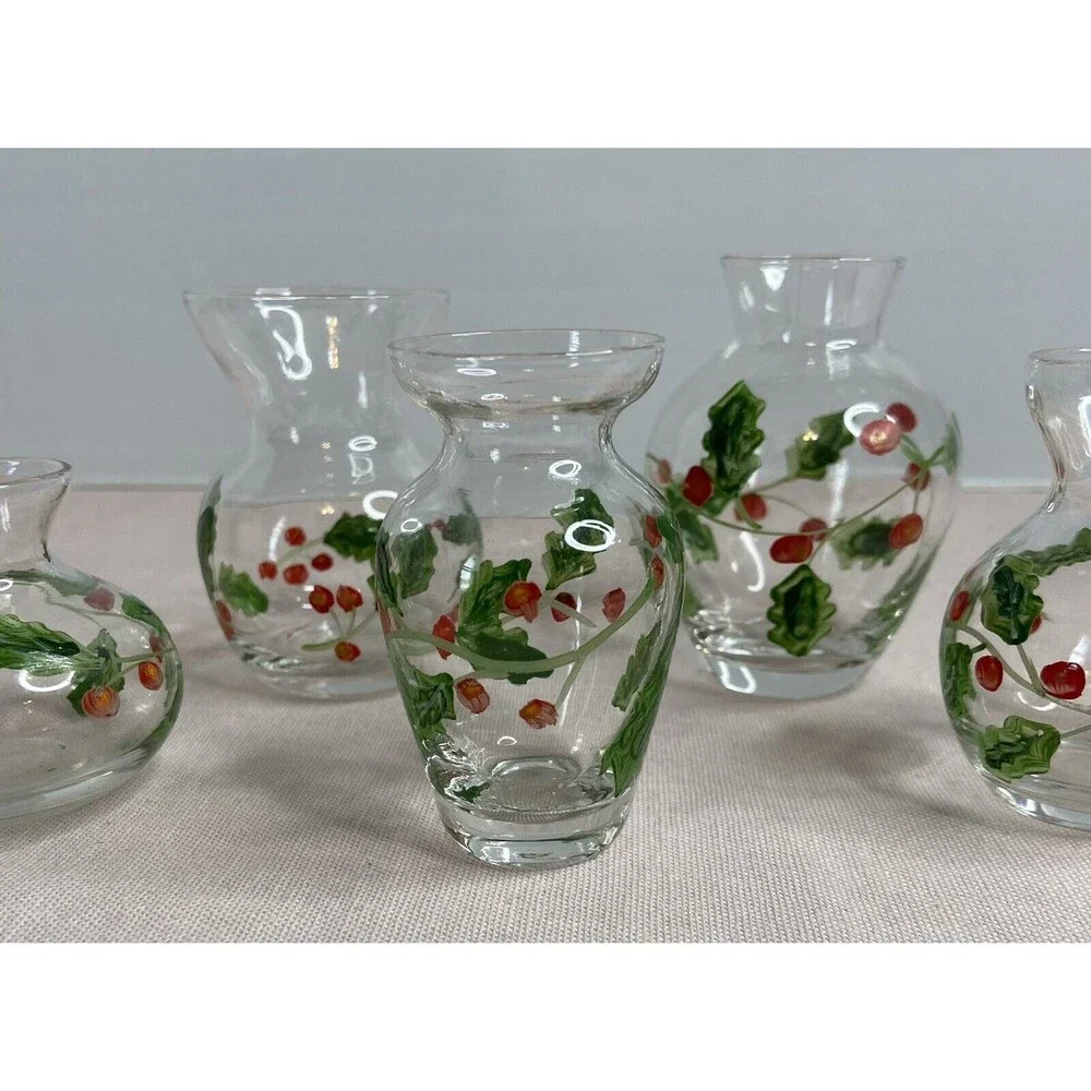HAND PAINTED GLASS , CLEAR MINI VASES. 5 ITEMS IN THE SET.  VINES & BERRIES.